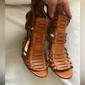 COACH LUCY Gladiator Boho Leather Size 7B Heel Brown Natural Open Toe Eventwear
